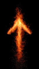 Fiery upward arrow made of flames against a black background