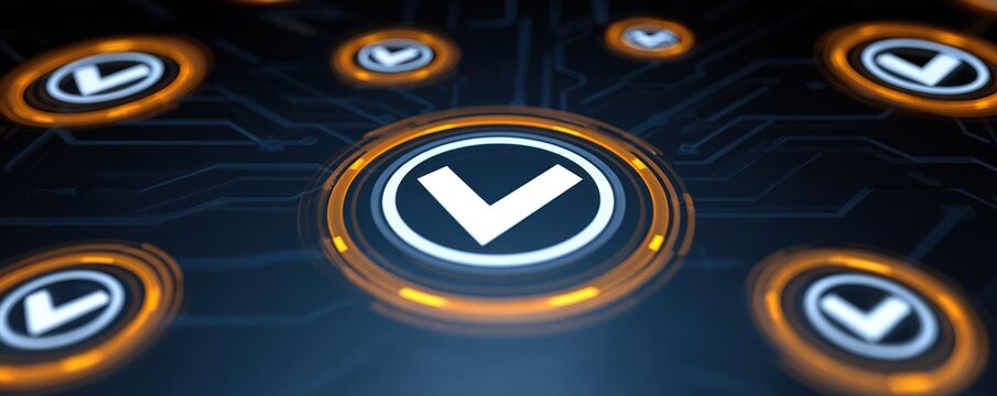 Futuristic digital checkmark icon in technology circuit background - Powered by Adobe
