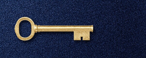 Golden key on dark blue glitter background