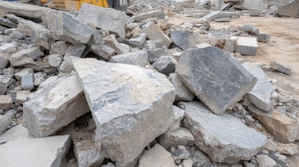 Pile of large gray boulders at construction site with industrial equipment