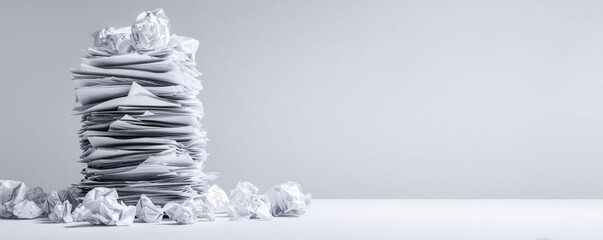 Towering stack of crumpled paper against gray background