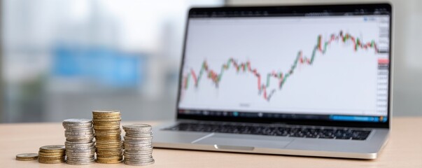 Coins and laptop displaying financial graph in office