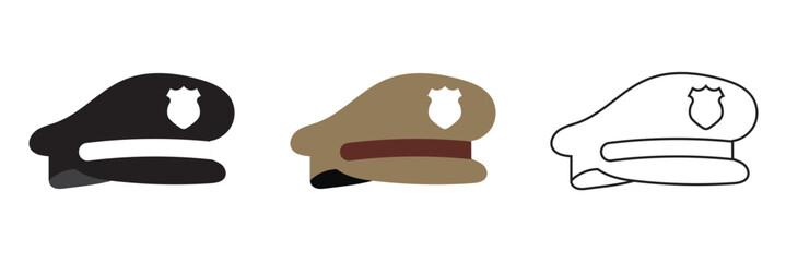 Police Hat Icon Variations Set. Minimal police hat icons in black, blue colour and outline styles, symbolizing law enforcement, authority, security and official uniform design elements.

