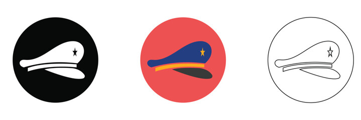 Police Hat Icon Variations Set. Minimal police hat icons in black, blue colour and outline styles, symbolizing law enforcement, authority, security and official uniform design elements.

