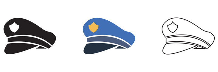 Police Hat Icon Variations Set. Minimal police hat icons in black, blue colour and outline styles, symbolizing law enforcement, authority, security and official uniform design elements.

