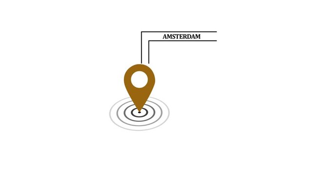 Amsterdam GPS Map pin Location Animation with Digital Navigation Pointer on transparent background. Amsterdam map label with location pin symbol. Amsterdam city map with destination location concept..
