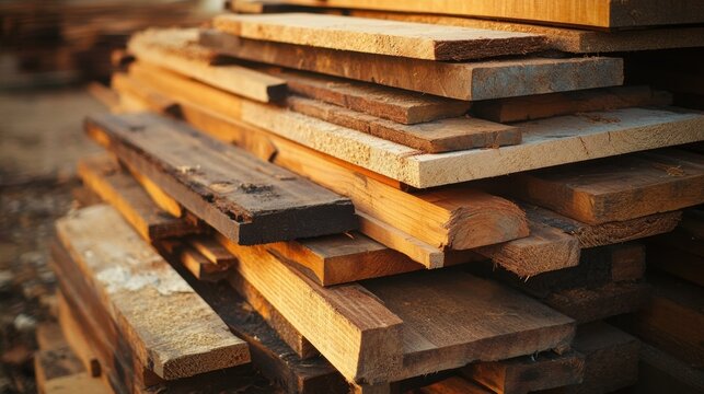 A close up view of a large stack of salvaged lumber planks of various sizes and colors is piled together outdoors