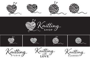 Knitting logo set with yarn heart and needles. Modern handmade branding design for knitting shop, studio, classes or craft business. Minimal black and white logo collection.