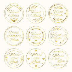 Elegant gold handmade labels set with floral wreaths and hearts. Luxury handmade and made with love badges for packaging, crafts, candles, soap, bakery branding and gift design.