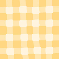 Seamless yellow checkered pattern with soft hand drawn squares and stripes. Minimal flat illustration in warm pastel tones, cozy decorative background for textiles, wallpaper, wrapping and prints