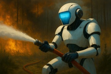 Humanoid robot spraying water on forest blaze, surrounded by burning trees and smoke, in intense wildfire scene.