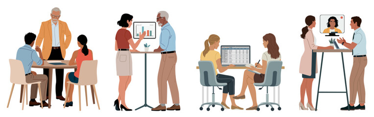 Fototapeta na wymiar Set of modern office meeting scenes with teams collaborating at desks and tables. Flat vector illustration isolated on transparent background