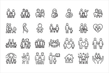 Family line editable icon set. Contain icons related to parenthood, grandparents, children, adoption, and more. Editable stroke. Vector illustration