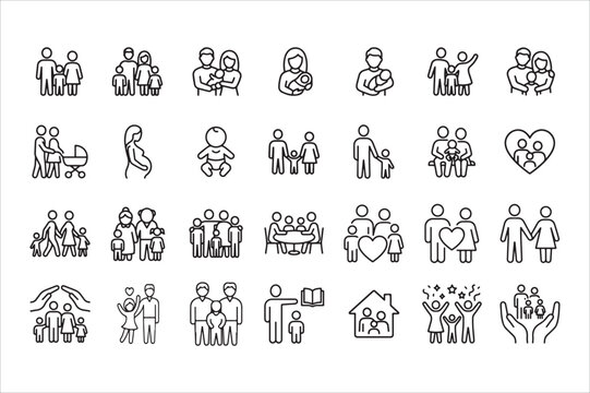 Family line editable icon set. Contain icons related to parenthood, grandparents, children, adoption, and more. Editable stroke. Vector illustration