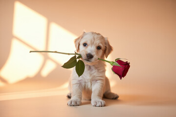 Valentine&rsquo;s Day sweet puppy holding a red rose on pastel background