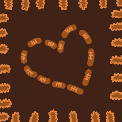 Abstract heart shape made of stitched doodle elements on a dark brown background with decorative border. Hand drawn folk style illustration in warm earthy tones, cute and cozy design