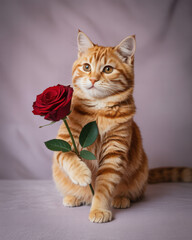 Valentine&rsquo;s Day orange tabby cat holding a red rose on lavender background