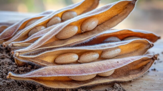A close up view of several dried and flattened seed pods containing numerous edible legumes