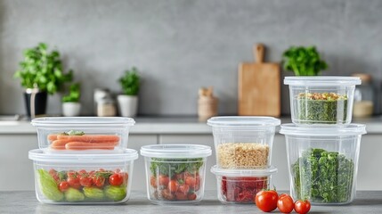 A collection of clear plastic food storage containers filled with fresh ingredients like tomatoes greens and grains neatly arranged on a kitchen countertop for organization and meal preparation