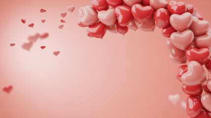 Valentine&rsquo;s Day pastel background with glossy heart balloons and confetti