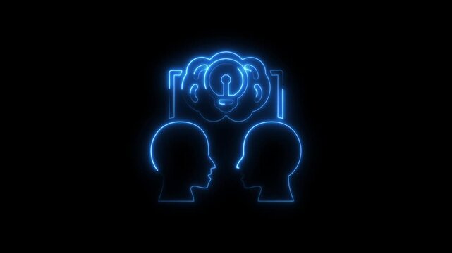 Two Silhouettes of Heads Facing Each Other with a Light Bulb in a Cloud Neon Icon two heads profile
