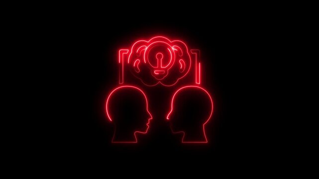 Red Neon Icon of Two Heads Communicating Ideas with a Light Bulb in a Cloud silhouette facing