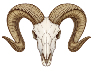 Vintage engraved ram skull with large horns isolated on transparent background