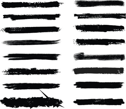 Black grunge brush stroke set creating a vintage paint frame and border design illustration