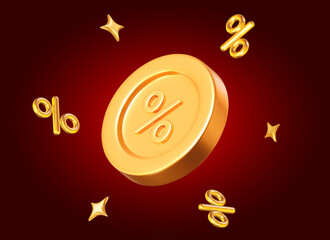 3d flying golden coins with percent sign with stars. Stock vector illustration on red isolated background.	
