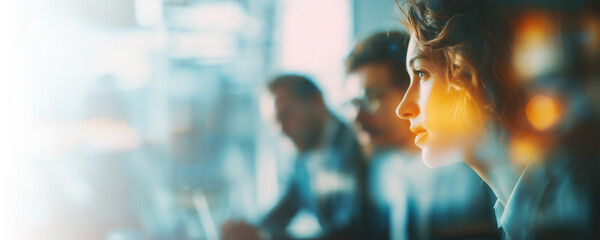 Cinematic corporate visionary with overlay reflection in orange, collaboration and concentration in a meeting, panoramic banner