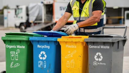 Focused medium shot of collection time in progress with a worker handling segregated bins sharp detail on bins the environment softly blurred to convey active waste management.