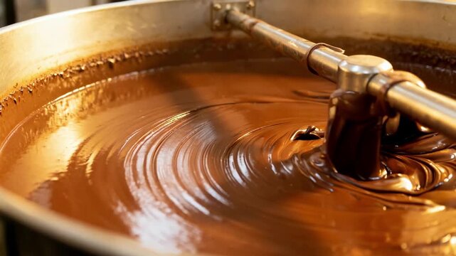 Medium shot of a longitudinal conching vessels interior showing rich chocolate mass being slowly churned to develop smooth texture and deep flavor.