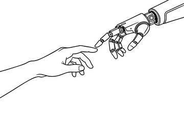 Minimalist Line Art Robot Hand Reaching Human Hand for Technology and Future