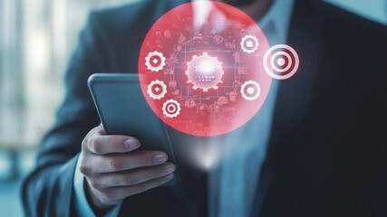 Businessman interacting with futuristic digital interface on smartphone technology innovation concept with gears and targets - Powered by Adobe