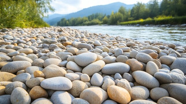 A close up view of a pile of smooth grey river stones stacked unevenly on a riverbank with a calm river and distant mountains in the background