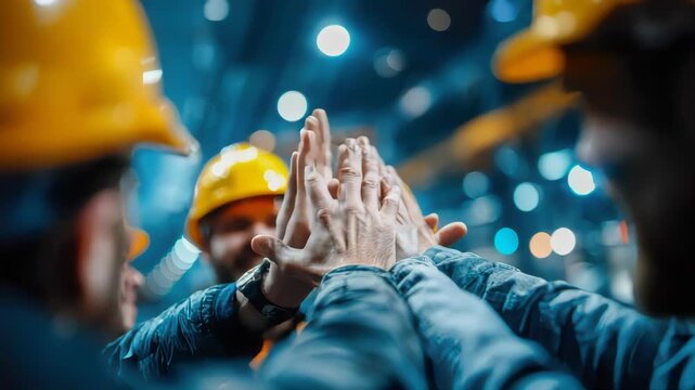Industrial workers giving a high five inside a modern factory, symbolizing teamwork, success, and collaboration in manufacturing