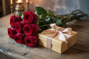 Valentine&rsquo;s Day roses and gift box still life on wooden table