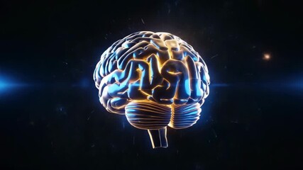 Futuristic 3D human brain model with glowing blue and gold electrical impulses representing neural network activity and artificial intelligence, 4K video - Powered by Adobe