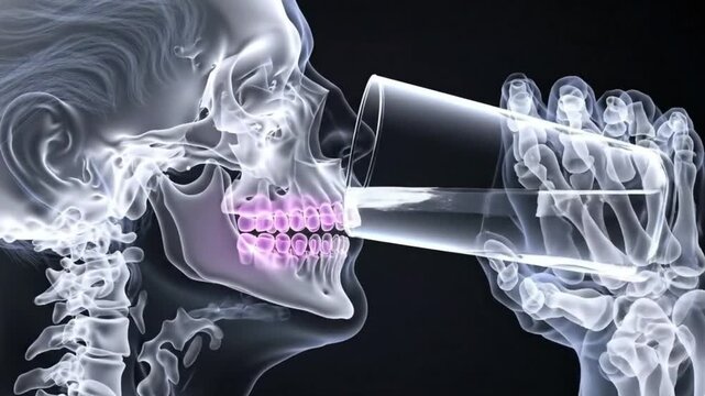 An x-ray video of a human skeleton drinking water from a glass