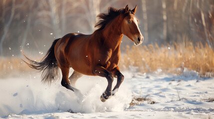Nice brown horse running through snowy meadow