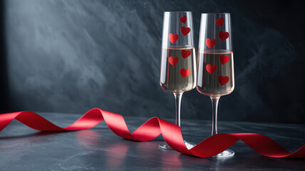 Valentine&rsquo;s Day elegant champagne flutes with red ribbon and hearts