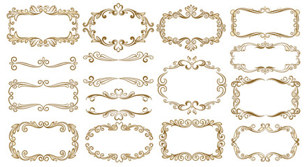 Obraz premium Elegant set of vintage golden frames and decorative scroll flourishes with intricate floral and swirl details.