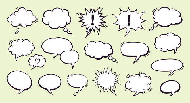 Collection of blank comic style speech bubbles and thought clouds with exclamation marks and heart symbols.