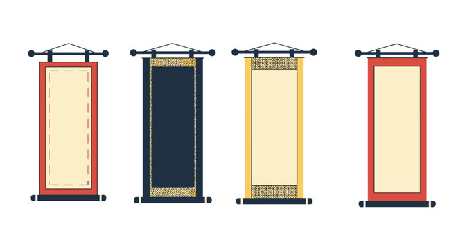 Assortment of traditional Japanese hanging scrolls with blank centers and decorative borders in various styles.