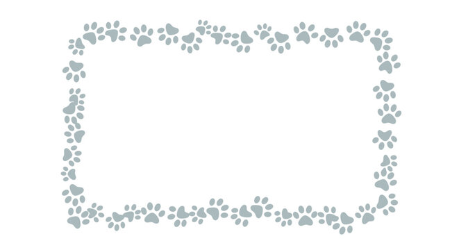 Rectangular border frame made of many small grey animal paw prints on a white background for pet designs.