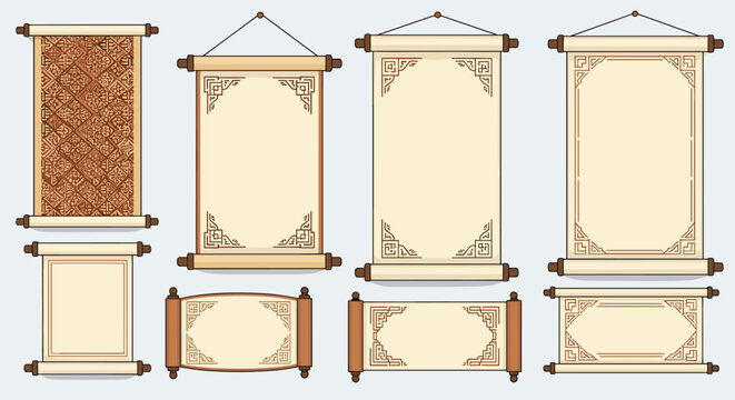 Collection of traditional Japanese scrolls and banners with ornate borders and patterns in neutral earth tones.