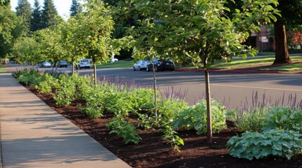 Obraz premium Beautifully Landscaped Edible Garden With Fruit Bearing Shrubs And Trees Along A Suburban Street