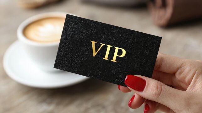 female hand hold black vip card with coffee in background