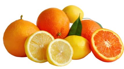 Fresh ripe citrus fruits including juicy orange and lemon slices with half a grapefruit isolated on a white background for a healthy natural organic diet rich in vitamins