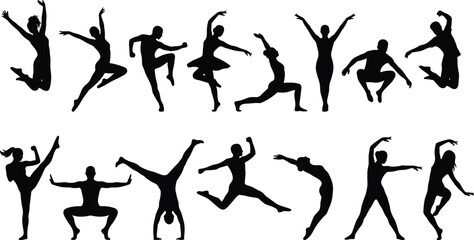 Fototapeta premium Dynamic dance and fitness silhouettes collection showing men and women jumping, stretching, balancing, and performing athletic poses, black vector illustration isolated on white background